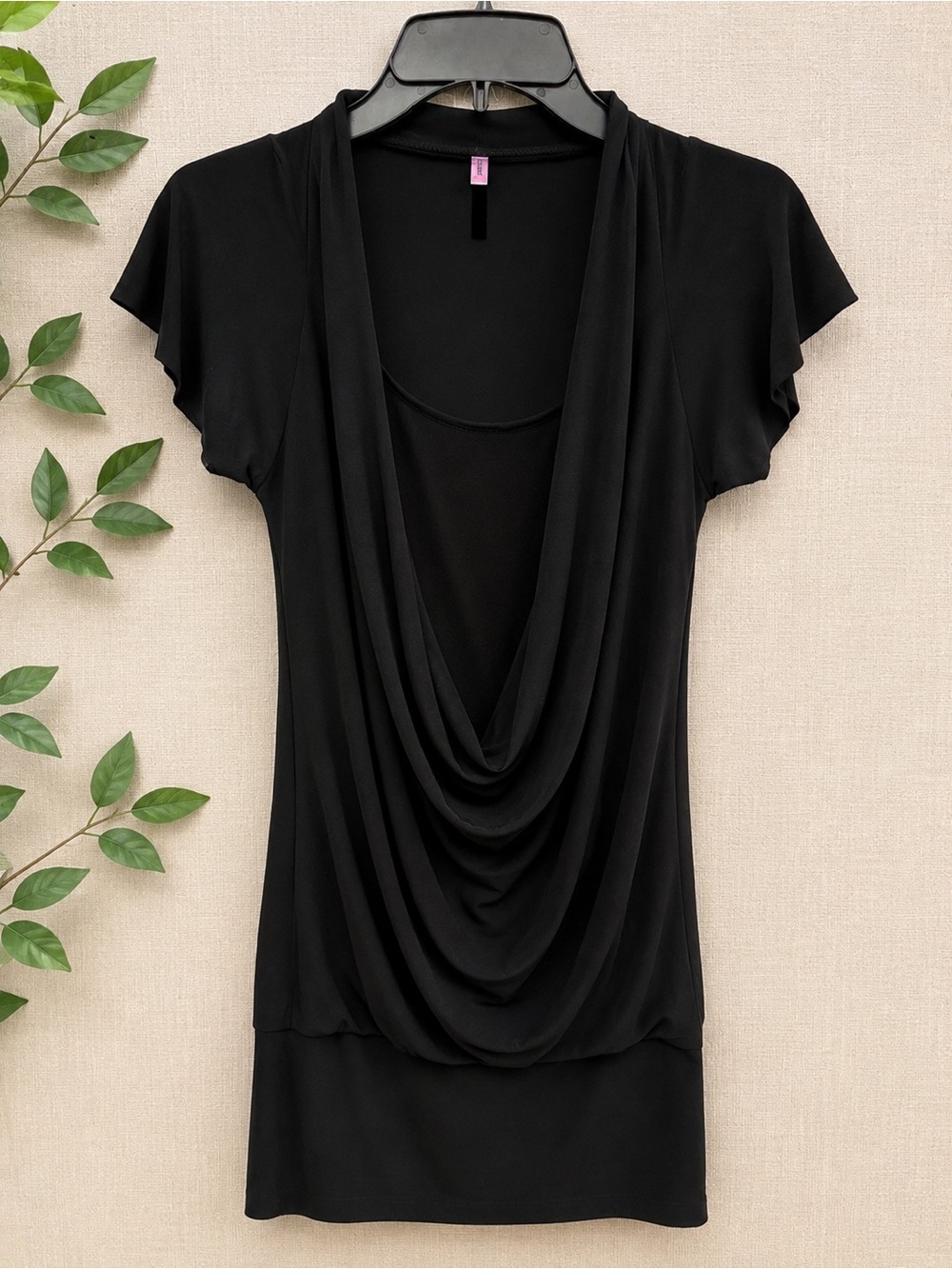Tempted Black Draped Cowl-Neck Short Sleeve Mini dress